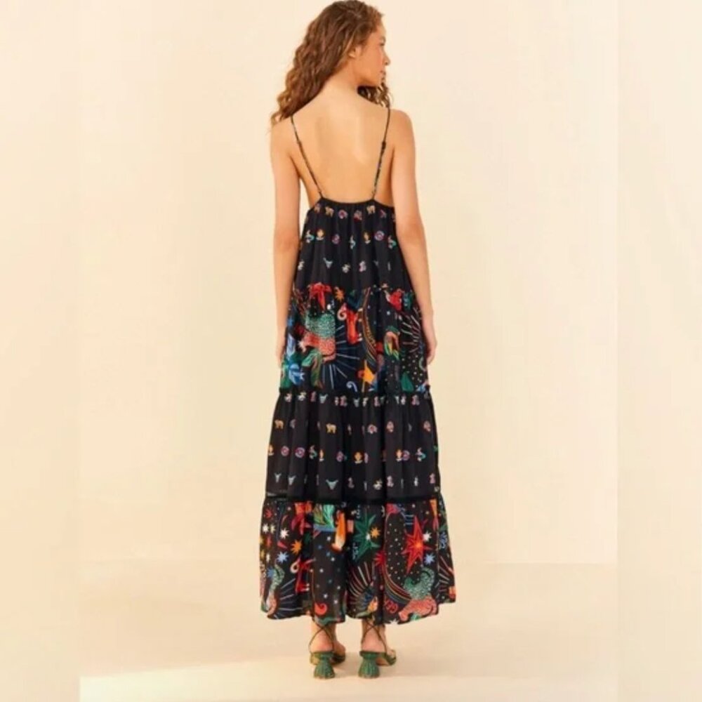 FARM RIO Rio Zodiac Embroidered Maxi Dress Black S NWT $295 - Picture 8 of 12